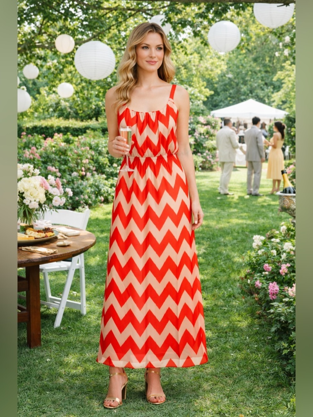 Eliza J Orange & Beige Chevron Maxi Dress with Spaghetti Straps Round Scoop Neck